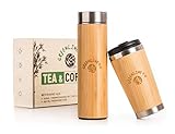 Tea & Coffee to go im 2er Set | Thermo Becher 450ml + Thermoskanne 500ml mit Teesieb + Filter | Getränke bleiben stundenlang heiß oder kalt | 100% auslaufsicher | Bambus und Edelstahl vakuumisoliert