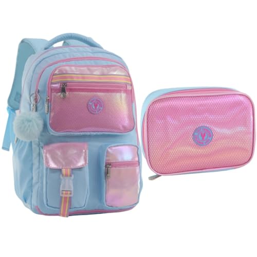 Kit Mochila Costas Material Brilho Metalizado Com Chaveiro Pompom Com Estojo Box (Azul)