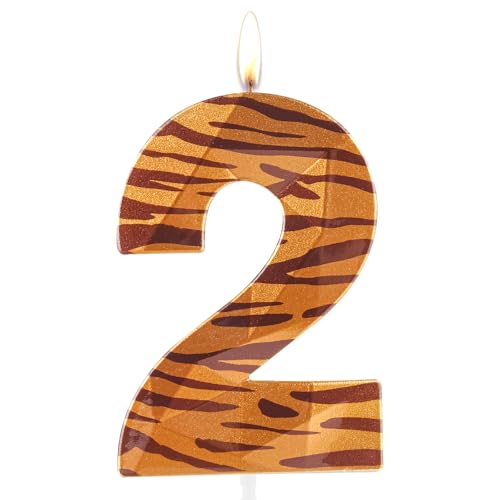 Yiran Tiger Pattern Number Birthday Candles,Metallic 3D Tiger Animal Candle 2, Wild One Zoo Themed for Boys Girls Party Supplies Decoration