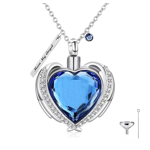 Solid Gold Heart Urn Necklace for Ashes 10K 14K 18K Real Gold Custom Cremation Urn Pendant Necklace with Blue Crystal, Personalized Memorial Keepsake Necklace for Women2