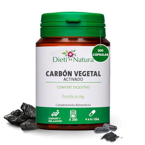 Carbón Vegetal Activado Dieti Natura - 200 Cápsulas para Alivio Natural del Malestar Digestivo - Reduce Gases, Toxinas y Flatulencia en 7 Días - Complemento alimenticio natural