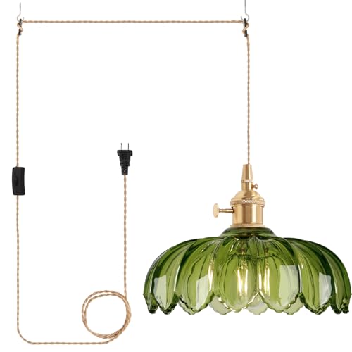 Image of Shenmoyl Plug in Pendant Light Hanging Light Fixtures with Plugin Cord On /Off Switch,Green Scindapsus Glass Lampshade Brass Pendant Light
