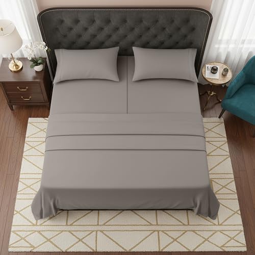 Image of Elegant Comfort Luxurious 1500 Premium Hotel Quality Microfiber Three Line Embroidered Softest 5-Piece Bed Sheet Set, Wrinkle and Fade Resistant, Split King, Gray
