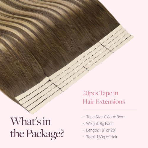 Image of GOO GOO Tape In Weft Hair Extensions Human Hair, 4 /27 /4 Balayage Chocolate Brown to Caramel Blonde, 8cm Wide Tape, 18inch 20pcs 160g, Tape Weft Hair Extensions, Seamless Tape in