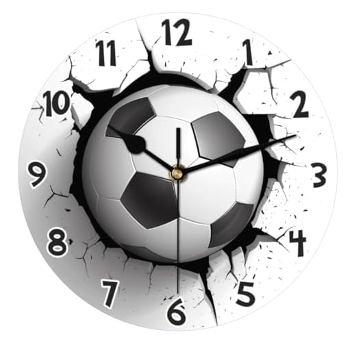 3D Soccer Ball Wall Clock Battery Operated 10 in Round Wall Clocks Slilent Non Ticking Quartz Analog Clock for Bedroom Kids Living Room Classroom Decor
