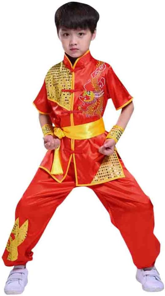 Boys Girls Kung Fu Master Tai Chi Dragon Chinese Uniform Top Shirt Pants Set Outfit