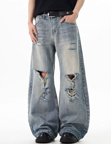 Men Y2k Baggy Ripped Jeans Wide Leg Fashion Distressed Jeans Hip Hop Grunge Pants Harajuku Streetwear2