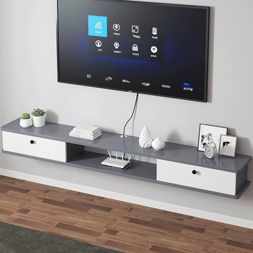 Meuble TV mural suspendu design bois avec 2 tiroirs de rangement pour salon
