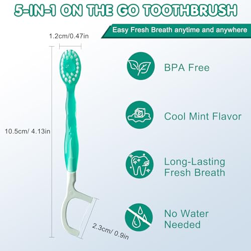 Image of 16 Pieces Disposable 5-in-1 Mini Travel on the Go Toothbrushes with Toothpaste Tongue Scrapers Floss Pick for Hotel or Travel (Pack of 16)
