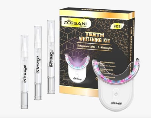 Image of Teeth Whitening Kit - Hydrogen Carbamide Peroxide Gel Pen Strips for Sensitive Teeth, Gum, Braces Care - 32X LED Light Tooth Whitener - Professional Oral Care Kit with 2 Mouth Trays