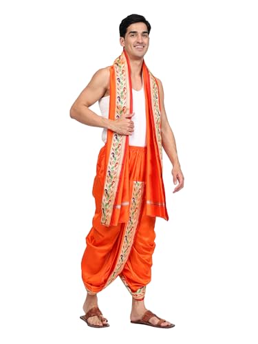 Image of Rameshwaram Fabrics Readymade Dhoti for Men, Velcro Style Stitched Mens Silk Dhoti Pant with Stole Set