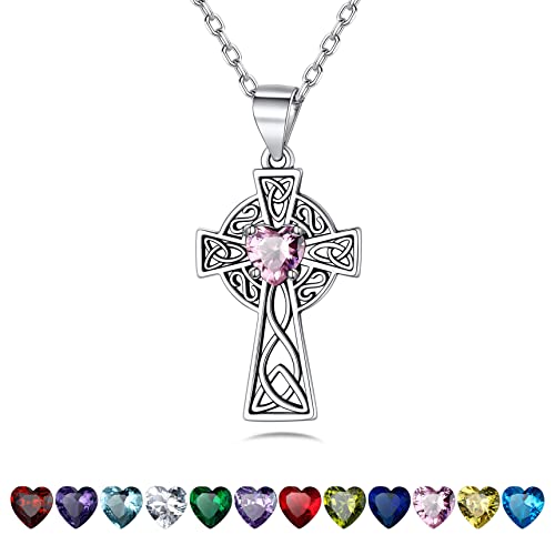 Dazzling Heart October Birthstone Celtic Cross Necklace Vintage Viking Irish Amulet Jewelry 925 Sterling Silver Pink Tourmaline Pendant Choker Necklace for Women Girls