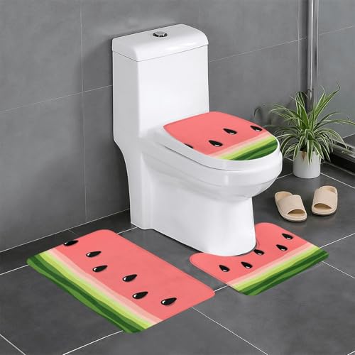 西瓜柄 スイカ柄 すいか柄 (1) トイレマット 3点セット フタカバー 浴室足ふきマット 吸水 速乾 滑り止め 抗菌 防臭 洗える ふわふわ プレゼント 40x60cm