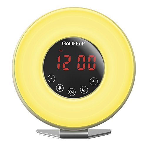 GoLIFEuP Wake Up Light Alarm Clock with Touch LED Display, Sunset and Sunrise Simulation, with 6 Natural Sounds, FM Radio and USB Charger - Perfect for Gift for Heavy Sleepers