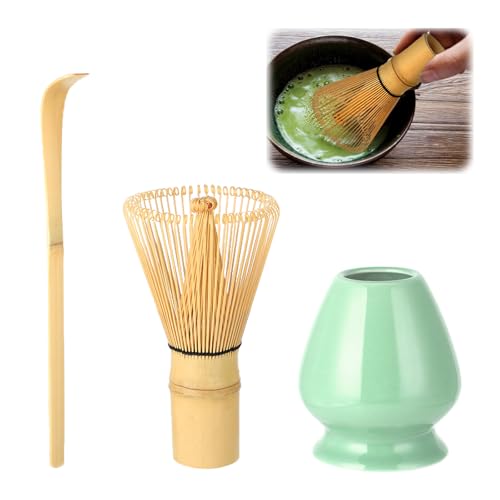 Wenrescry Set de Té Matcha, Batidor de Bambú de 80 Dientes, Artesanía Japonesa Tradicional, Batidor para Té Verde y Bebidas en Polvo, Set de 3 Piezas, Fácil de Limpiar Wenrescry Set de Té Matcha