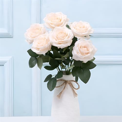 Image of Artificial Rose Flower Bouquet - 7 Soft Creme Silk Roses with Green Leaves | Realistic Artificial Flowers for Home Decoration, Wedding, Party & Gift