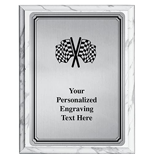 Crown Awards Checkered Flags Plaque Award, 6x8 Personalized Silver Racing Metal Trophy On White Marble Plaque with Custom Engraving