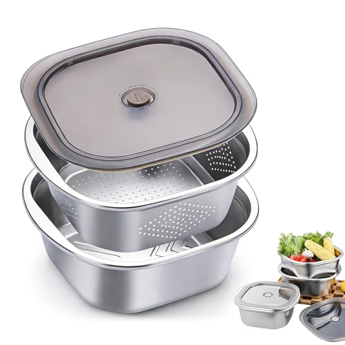 4600ML KüChensieb Edelstahl Nudelsieb Edelstahl mit Deckel Reis Waschschüssel Nudelsieb Siebschüssel Set für Spaghetti Gemüse Obst Reis (Doppelwandig mit Deckel Ø28 cm)