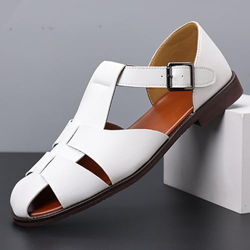 Image of Men's Leather Hollow Flat Fisherman Sandals with Buckle Comfortable Round Toe Breathable Low Heel Non-slip Roman Sandals for Leisure, Work, Driving
