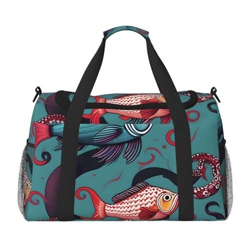 Fish And Octopus Print Travel Hand Travel Bag Weekender Overnight Carry On Tote Foldable Crossbody Bag