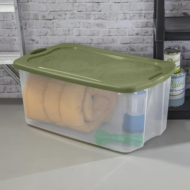 Extra Large 120 Quart Storage Bin - Green Clear Plastic Container with Snap-On Lid - Carry Handles - Heavy Duty Stackable Design for Garage, Holiday Decor & Sports Equipment