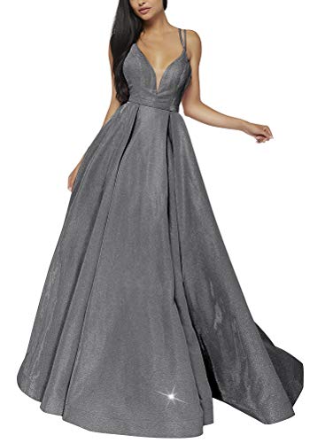 Image of Women's Glittery Spaghetti V-Neck Long Side Split Prom Gown 14 Grey