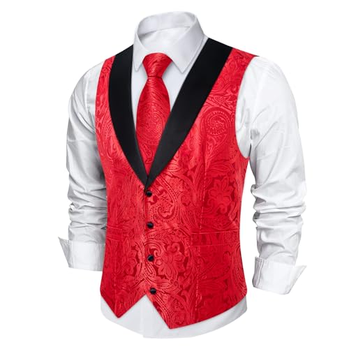 Image of DiBanGu Mens Paisley Suit Vest Silk Jacquard Waistcoat and Necktie Set Formal Shawl Collar Dress Vest 7PCS for Wedding Party