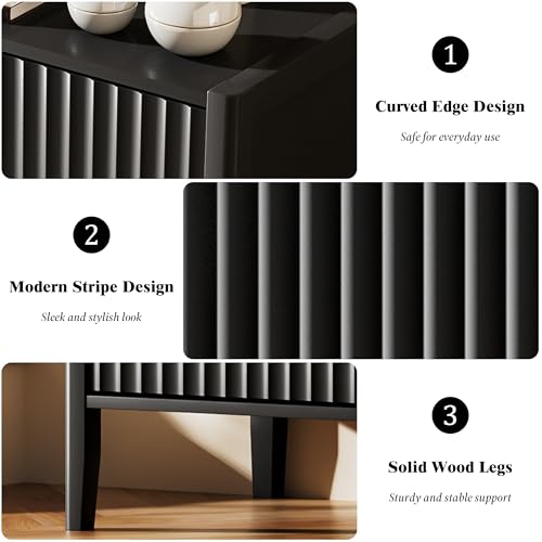 Image of Furniway Nightstand Set of 2, Modern End Table with Solid Wood Legs, Bedside Table with 3 Drawers and Metal Handles for Bedroom, Black