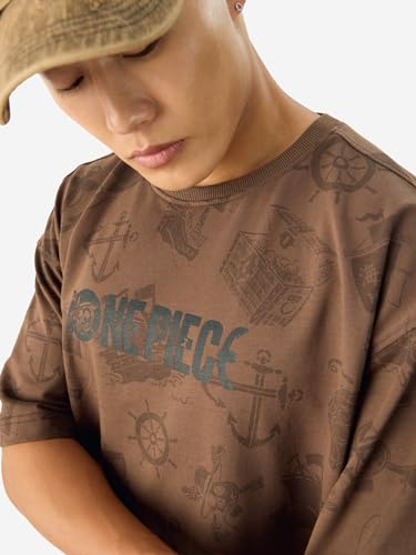 Image of The Souled Store Official One Piece: Pirate Tales Men and Boys Short Sleeve Round Neck Brown Phraphic Printed Cotton Oversized T-Shirts