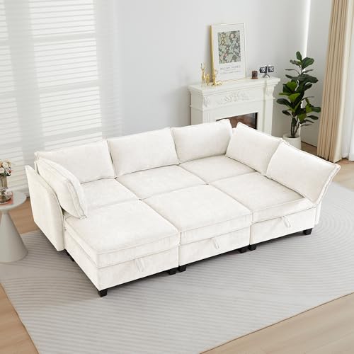 Image of ORRD Sleeper Modular Sectional Sofa Set, Convertible Couch Bed with Storage, 6 Seater and 3 Armrestes Sofa Modular for Living Room, Office (Beige)
