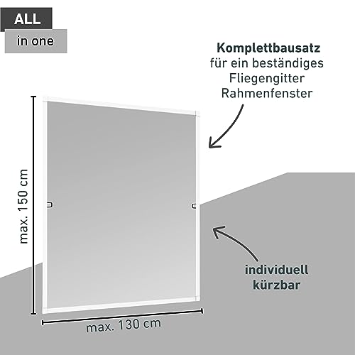 Windhager Insektenschutz Rahmen Fenster Plus, Fiberglasgewebe mit Aluminiumrahmen, Fliegengitter, Selbstbausatz ohne bohren, 130 x 150 cm, weiß