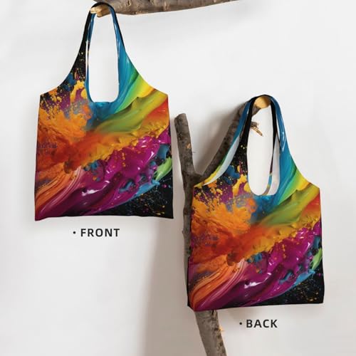 Canvas Tote Bag for Women Shoulder Tote Purse Reusable Grocery Bag Colorful paint splashed on black background Aesthetic Shopping Bags3