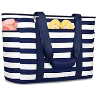 KTUEOV Sac de Plage XXL, Imperméable 45L Sac de Plage Famille 12 Poches Pratiques Cabas Plage Pliable Léger avec Fermeture Éclair Sacs Plage Femme Pour Piscine, Voyage, Gym