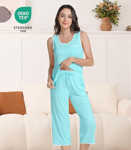 Image of NACHILA Women's Pajamas Set-Viscose Made From Bamboo, Sleeveless Pj Tank Top Capri Pants Soft Sleepwear Cooling Sleep Sets
