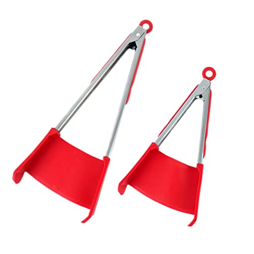 Fenceti Spatula Tongs 2 In 1 Creative Food Shovel Multi Functional Kitchen Spatula And Tongs Non-Stick Heat Resistant ​Frame Silicone Tongs Kitchen Gadget (Red, 9 Inch&12 Inch) #TOP26