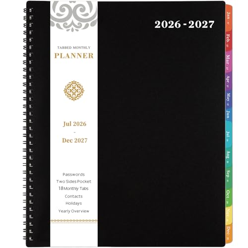 Monthly Planner 2026-2027 - JUL 2026 - DEC 2027 Planner/Calendar,18 Monthly Planner with Contacts & Passwords, 8.5' x 11' Planners 2026-2027, Colorful Tabs, Thick Paper, Black