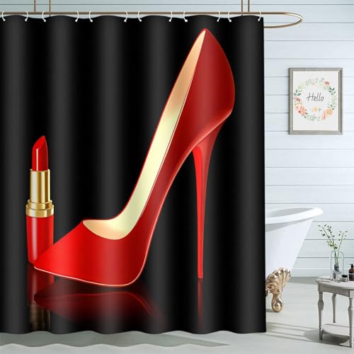 Moslion Red High-Heels Lipstick Shower Curtain Set 72x72 Inch Woman Girl Makeup Bathroom Decor Waterproof Fabric Curtains with Hooks