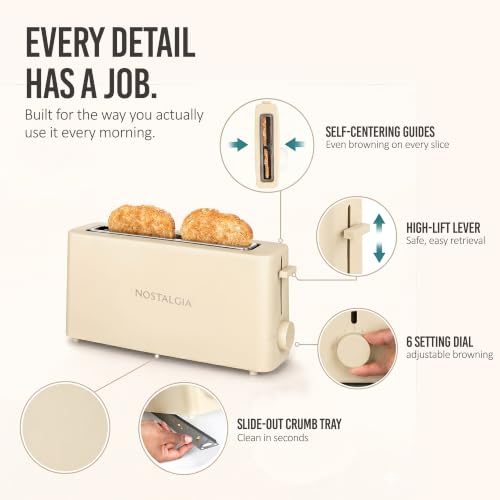 Image of Nostalgia Slim 2-Slice Toaster - Wide Slot - Space-Saving Design - Adjustable Browning Dial - 10-inch Long Slot Fits 2 Slices of Bread or Bagel Halves - Drop-down Crumb Tray - Oatmeal