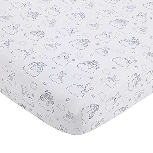Image of Disney Winnie The Pooh Hello Sunshine Grey & White Cloud Nursery Fitted Crib Sheet with Piglet & Tigger, Grey, White