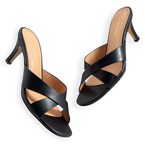 Greatonu Women's Square Toe Summer Heels Mules Cross Strap Slip on 2.5 Inch kitten Heeled Sandals4