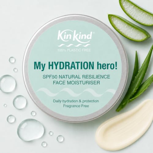 Image of KinKind My HYDRATION hero! SPF50 Natural Resilience Face Moisturiser. Daily Hydration & Protection. Long lasting hydration. Fragrance Free. No white cast. Easily absorbed. Suitable for sensitive skin