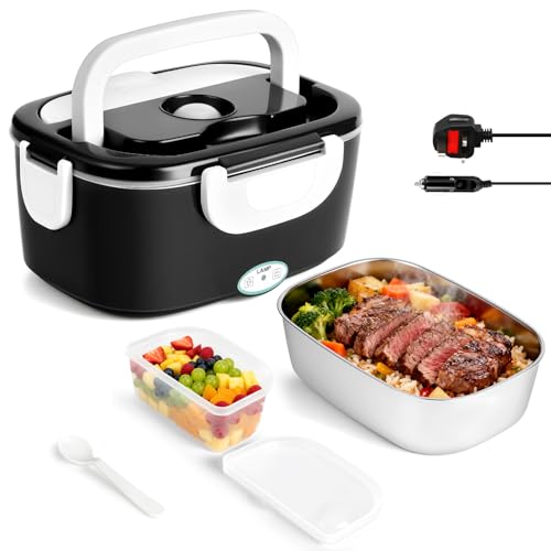 Fuutilake Heated Lunch Box 1.8L Large Capacity with Carry Bag and Spoon, 3-in-1,80W Electric Lunch Box - Portable Food Warmer for Adult Truck, Car, Office, Camping & Travel (Black)