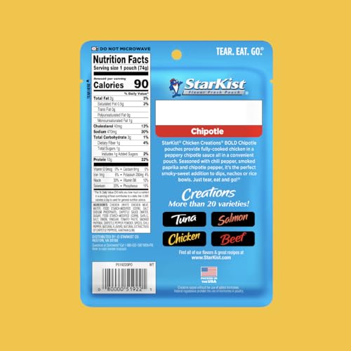 Image of StarKist Chicken Creations BOLD Chipotle, 2.6oz Pouch, 12-Pack | 12g Protein Per Serving, Fully Cooked White Meat, No Draining, Ready to Eat for Salad and Sandwiches