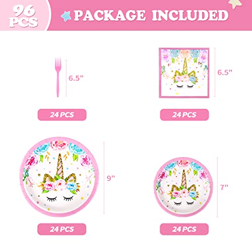 96Pcs Unicorn Party Supplies Set For 24 Guests Including Unicorn Paper Dinner Plates, Dessert Plates, Napkins, Forks For Unicorn Theme Birthday Party Decorations Unicorn Tableware Baby Shower Favor #TOP1