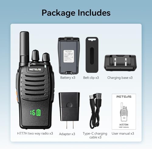 Retevis H777H Walkie Talkies, 2 Way Radios Long Range, USB-C, One-Click VOX, Hidden Display, Short Antenna, LED Flashlight, Portable FRS Two Way Radio for Adults Retail Church Club Family(3 Pack) — view 8