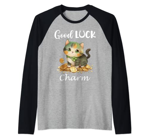 Lucky Cat Shirt,St Patricks Day Cat Tops,Good Luck Charm Cat Manche Raglan