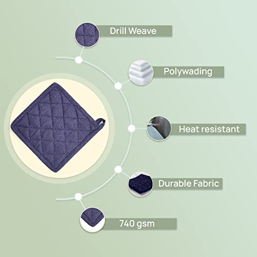 Mellow Buff Cotton Pot Holder Heat Resistant, Strong Grip Potholders For Hot Pans, 8 X 8 Inch With Loop | Pack Of 3 | Denim Blue #TOP1