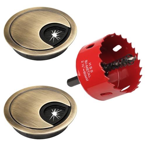HO2NLE 2Pcs 60mm Desk Cable Grommets with Hole Saws Cutter, Bronze Computer Desktop Grommets Cable Management Wire Organizers, Round Table Desk Plug Hole Cover for Home Office Desktop Cables