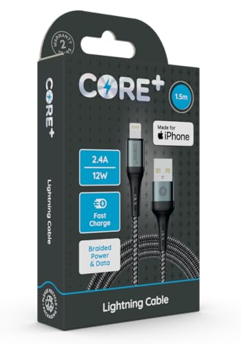 CORE + | MFI CERTIFIED 1.5M 8-Pin to USB A Cable 2.4A 12W | Fast Charging |