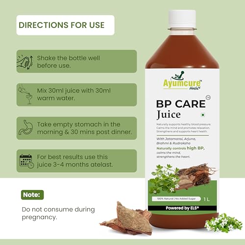 Image of Ayumcure BP CARE Juice | Ayurvedic way to manage High Blood Pressure | Jatamansi , Arjuna , Brahmi , Rudraksha | Helps in BP Levels, Tension and Sleep Quality | For Men & Women | Sugar Free | 1L ( Pack of 2 )